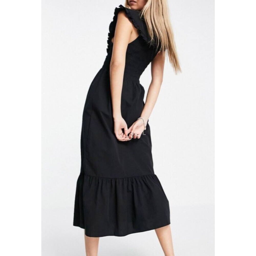 Topshop Oversized Collar Shirred Midi Dress in Black Size 10 Ruffle Hem Smocked - Picture 5 of 9